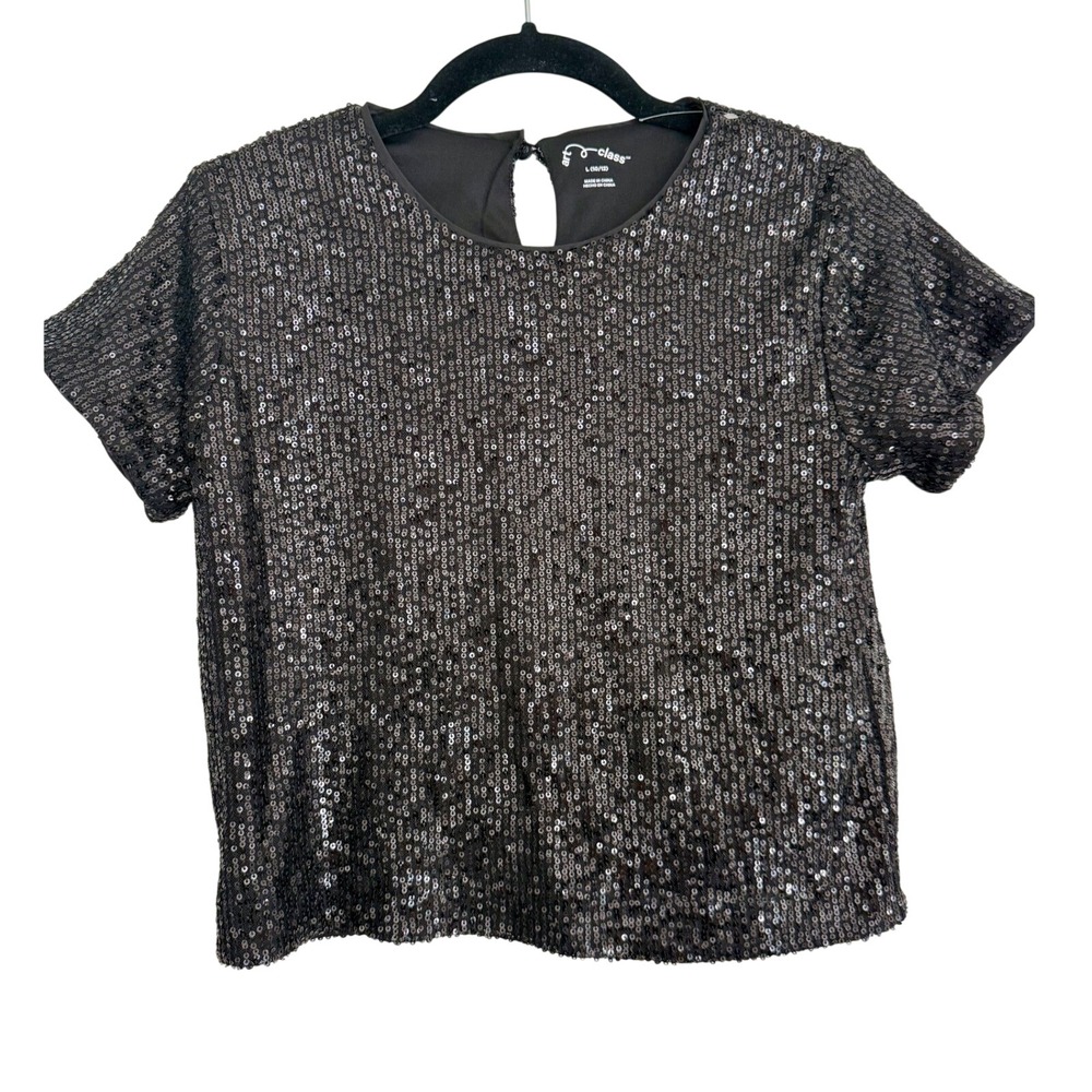 Art Class Girls Black Sequin Short Sleeve Top Keyhole Back Size L 10/12